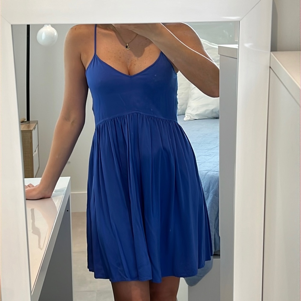 EXPRESS women XS blue adjustable strap dress V neckline flared loose skatter fit